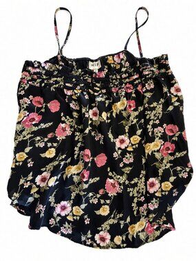 H.I.P. Black Floral Print Camisole Top Size M Smocked Spaghetti Straps